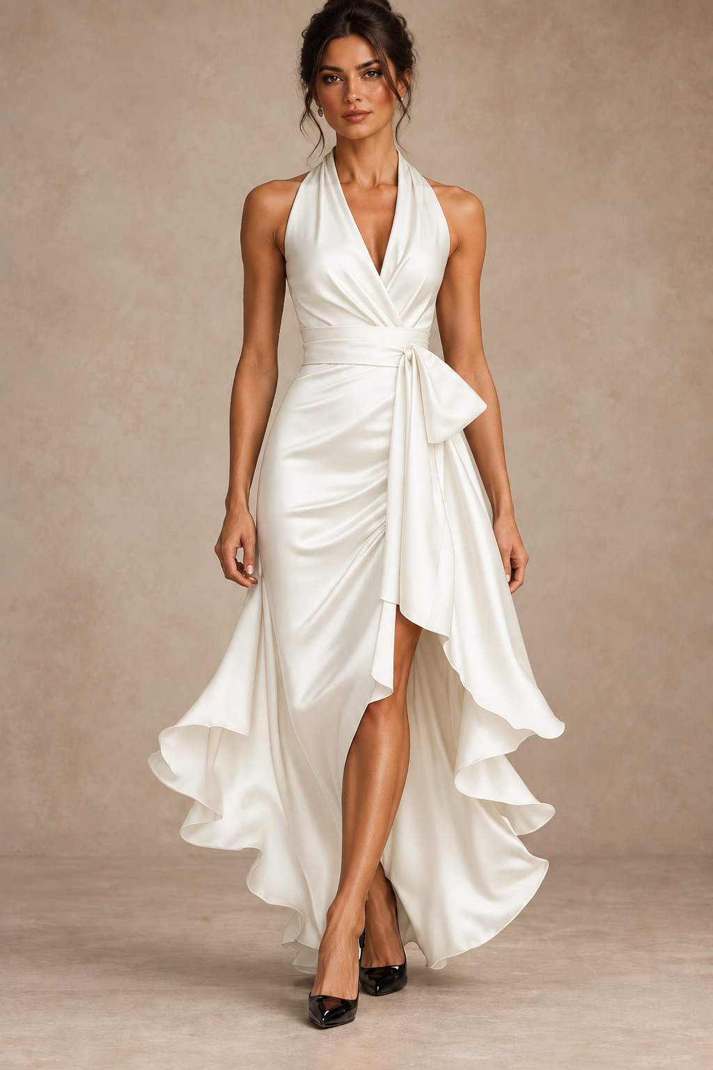 Robe Longue en Satin Col Licou à Volants Femme | Ombeline