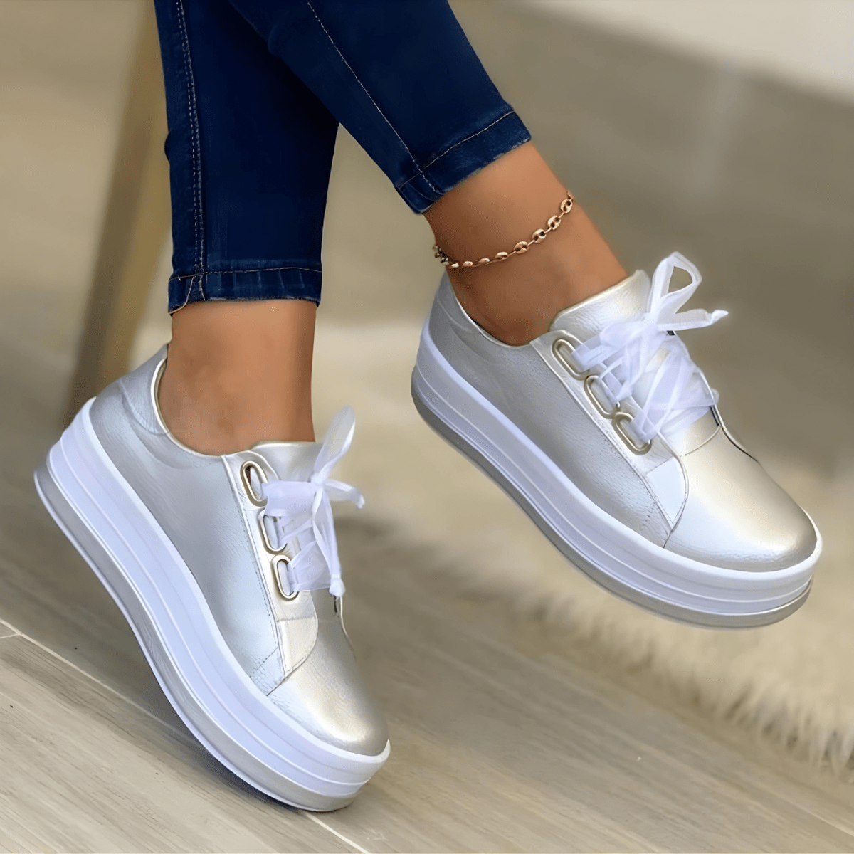 Baskets Plateforme Décontractées Femme Lacets Œillets Métalliques Semelle Haute | Aitana