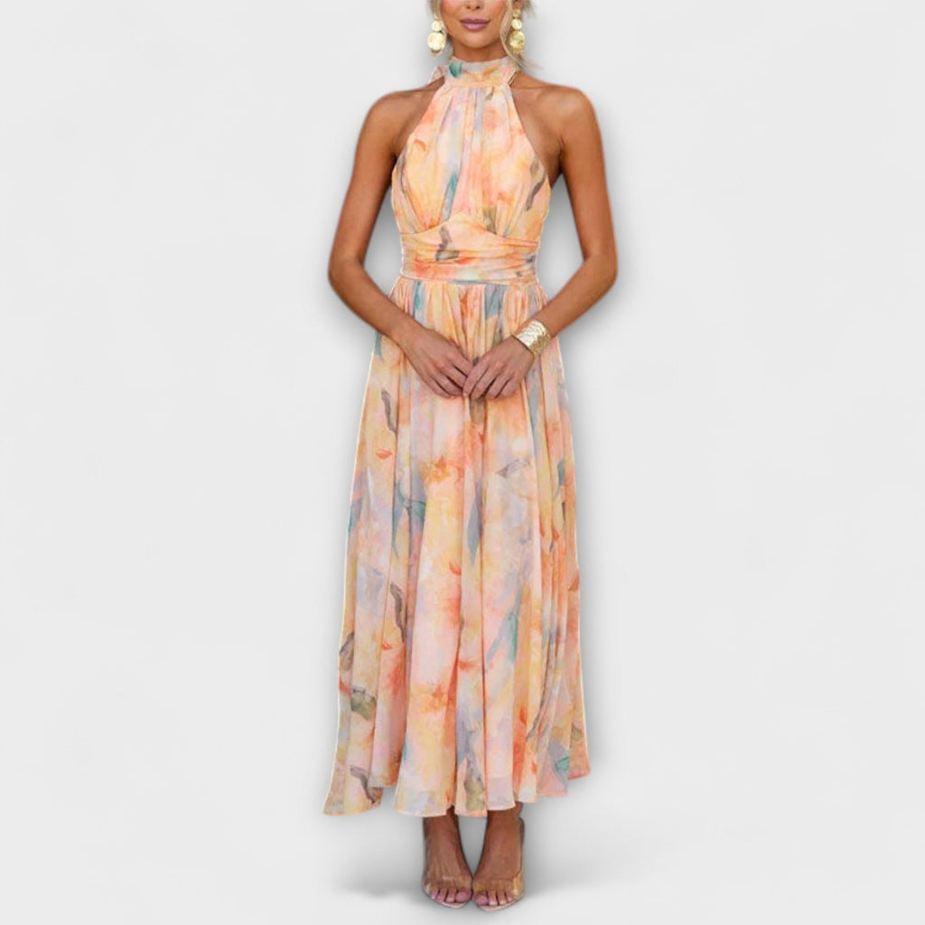 Vestido elegante de invitada de boda con estampado acuarela | Maxi
