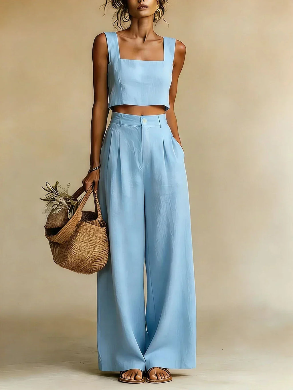 Conjunto de mujer con top fluido y pantalón palazzo de pierna ancha | Emy