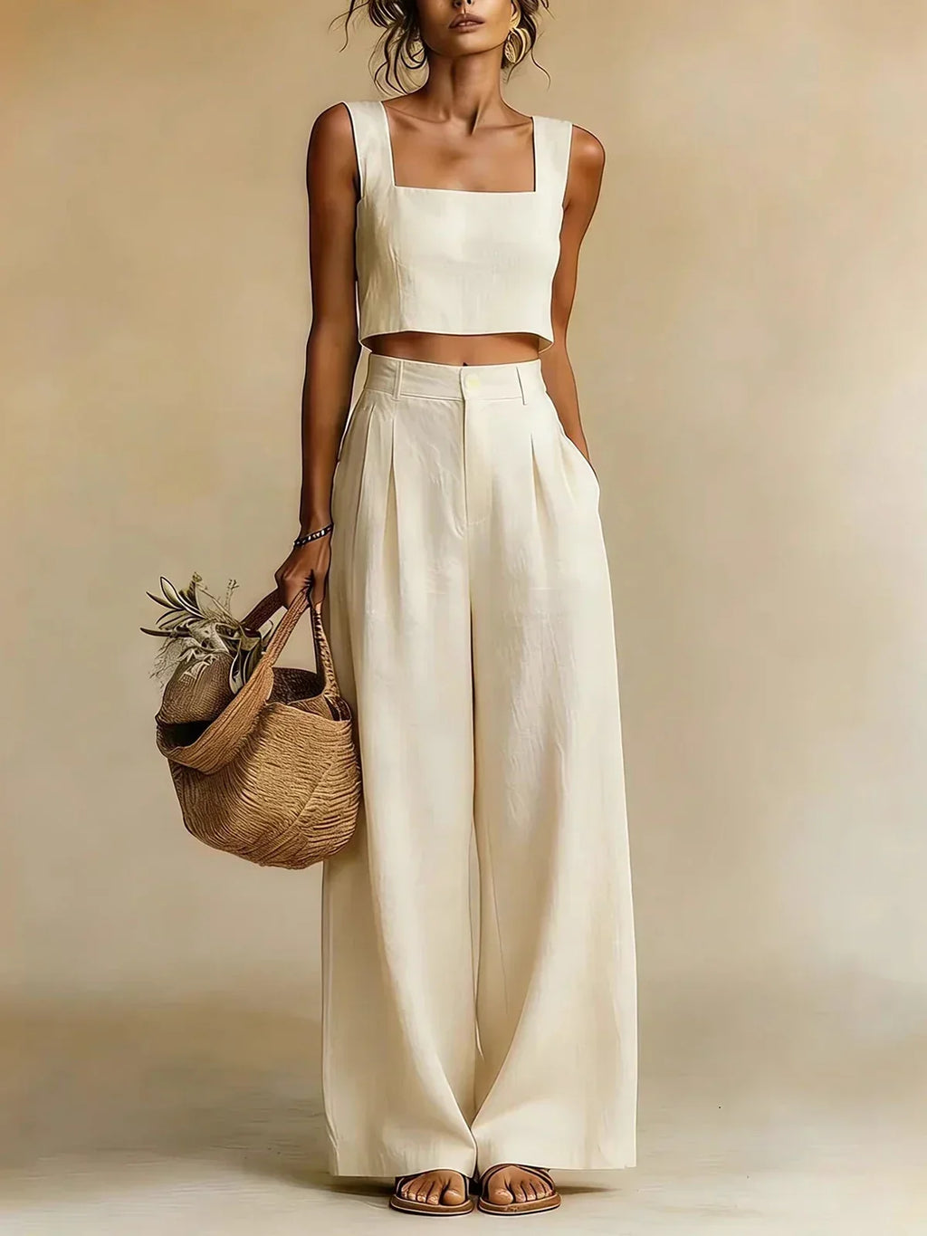 Conjunto de mujer con top fluido y pantalón palazzo de pierna ancha | Emy