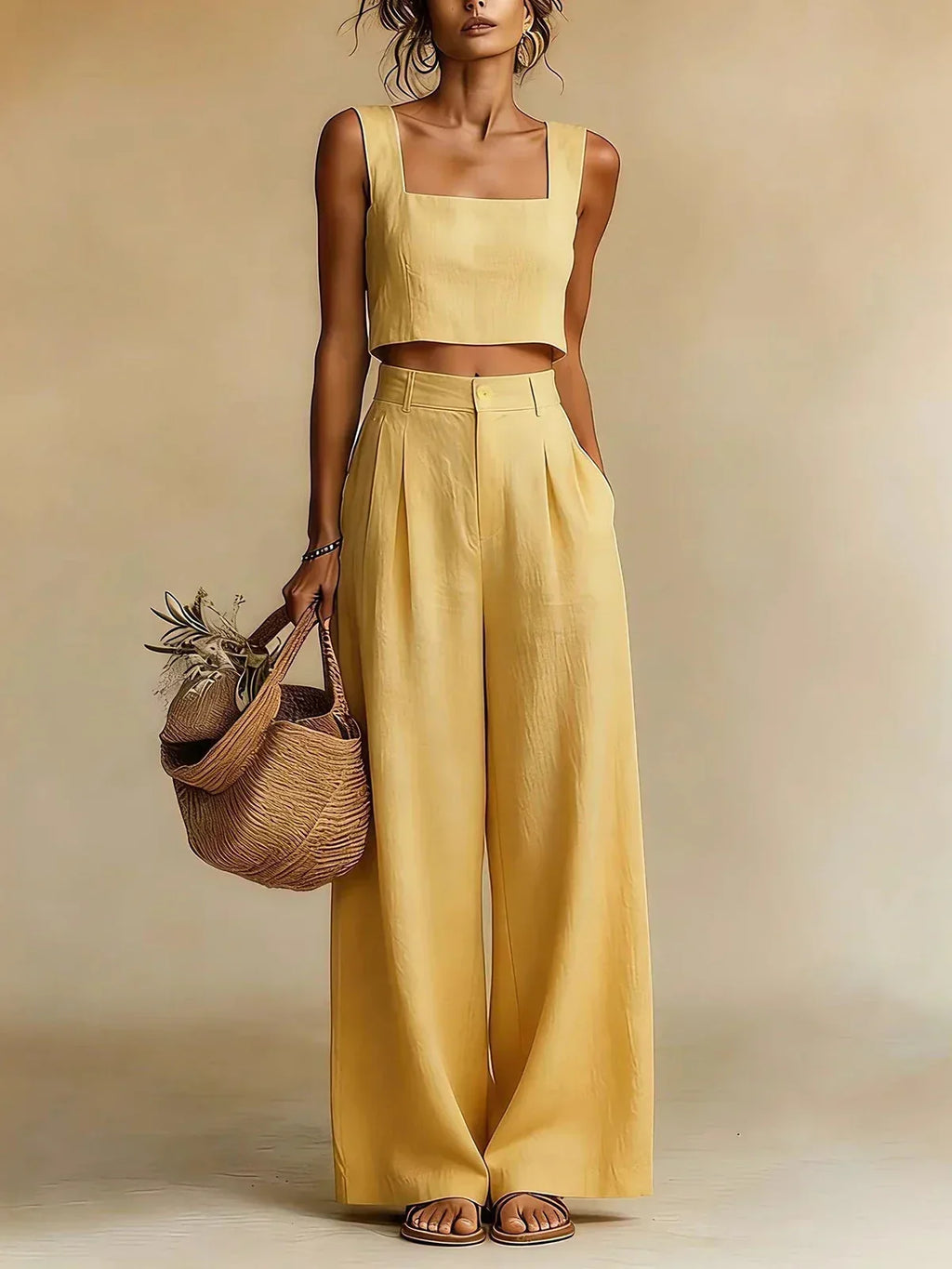 Conjunto de mujer con top fluido y pantalón palazzo de pierna ancha | Emy
