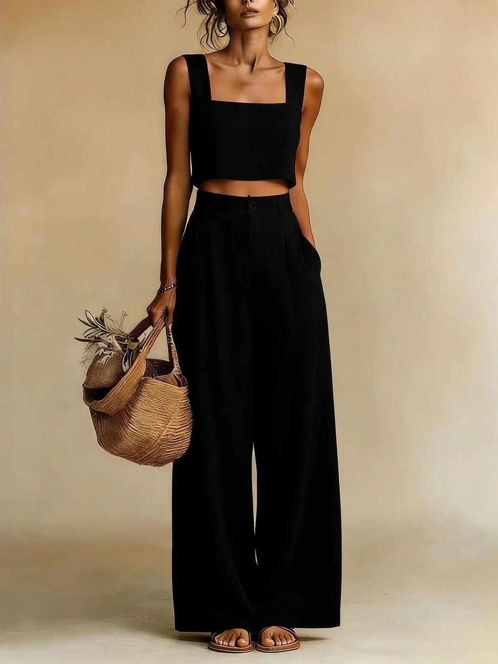 Conjunto de mujer con top fluido y pantalón palazzo de pierna ancha | Emy
