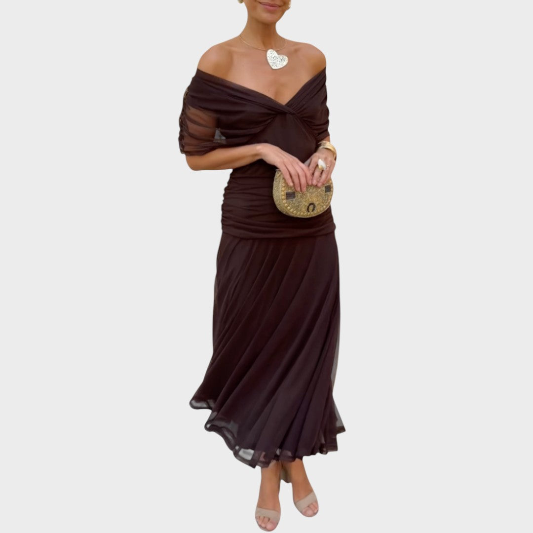 Vestido Midi de Mujer con Escote en V y Manga Larga