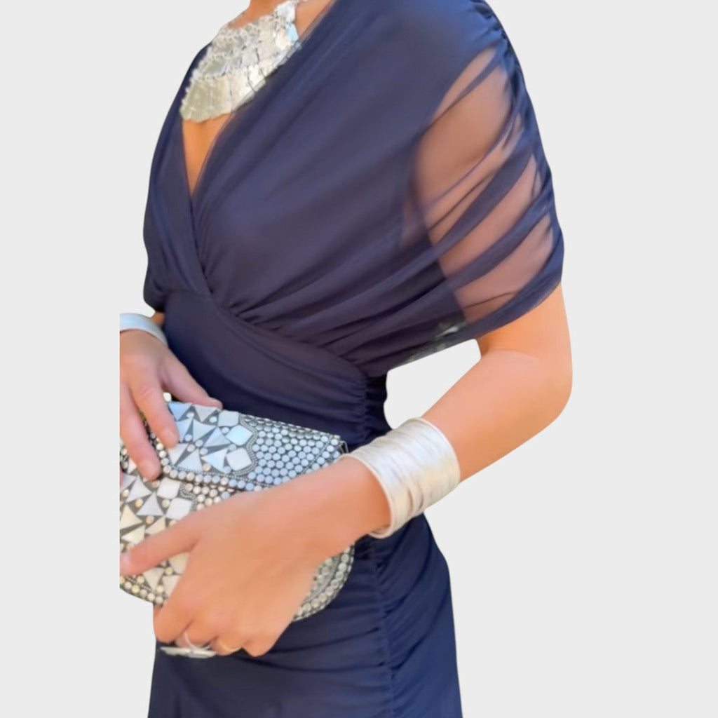 Vestido Midi de Mujer con Escote en V y Manga Larga