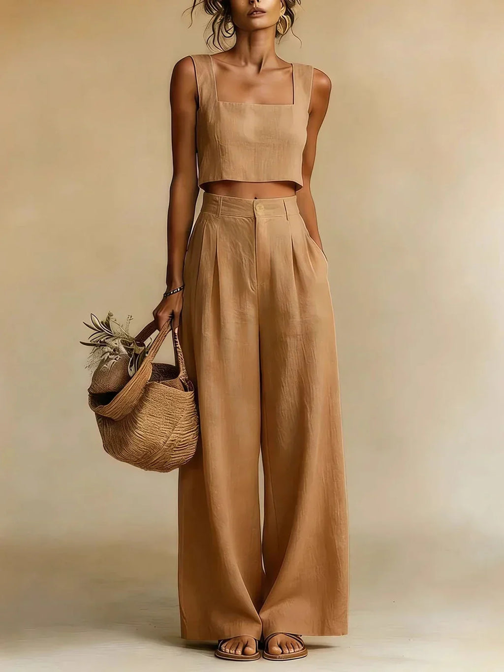 Conjunto de mujer con top fluido y pantalón palazzo de pierna ancha | Emy