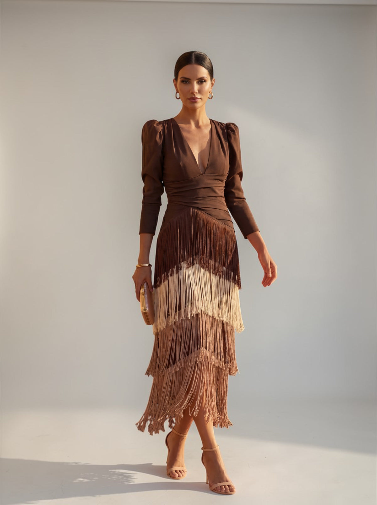 Vestido Largo Maxi con Flecos y Escote V Mujer | Odelina