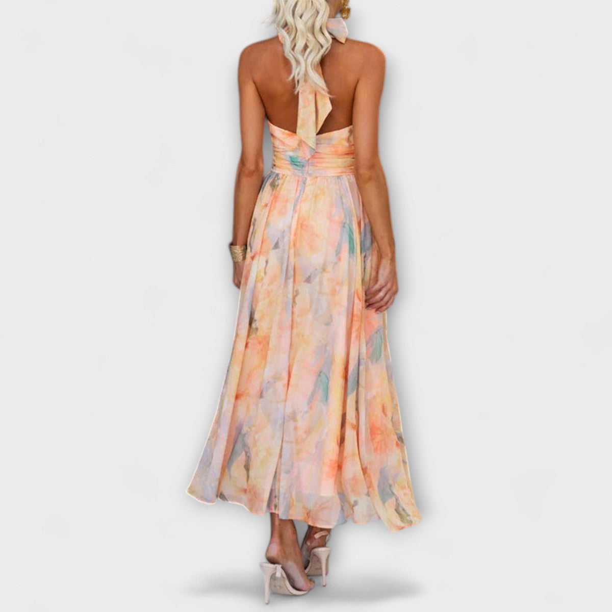 Vestido elegante de invitada de boda con estampado acuarela | Maxi