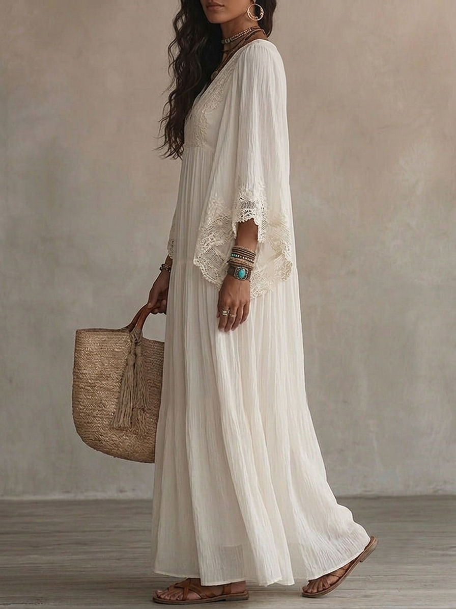 Vestido Ibicenco Largo Bohemio  Blanco para mujer | Brisas