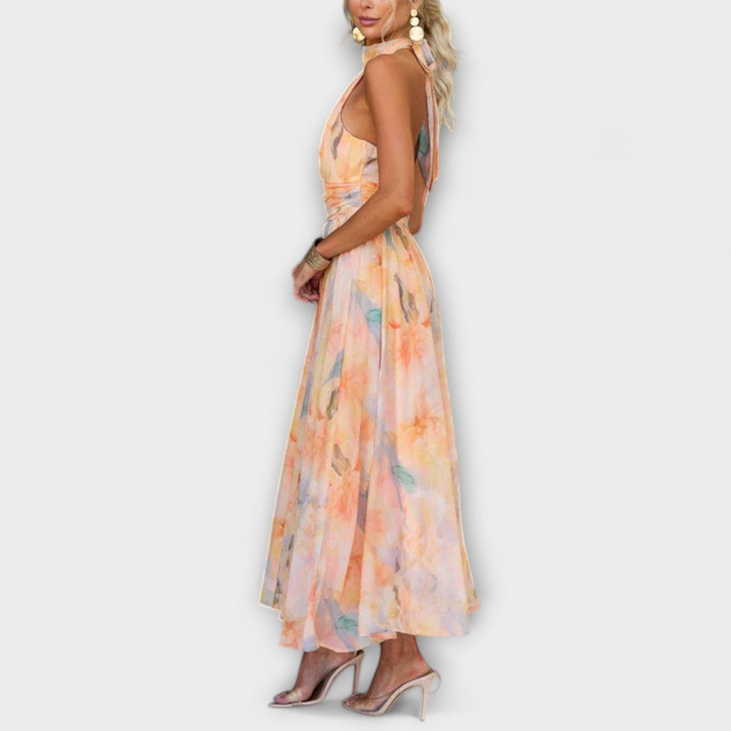 Vestido elegante de invitada de boda con estampado acuarela | Maxi