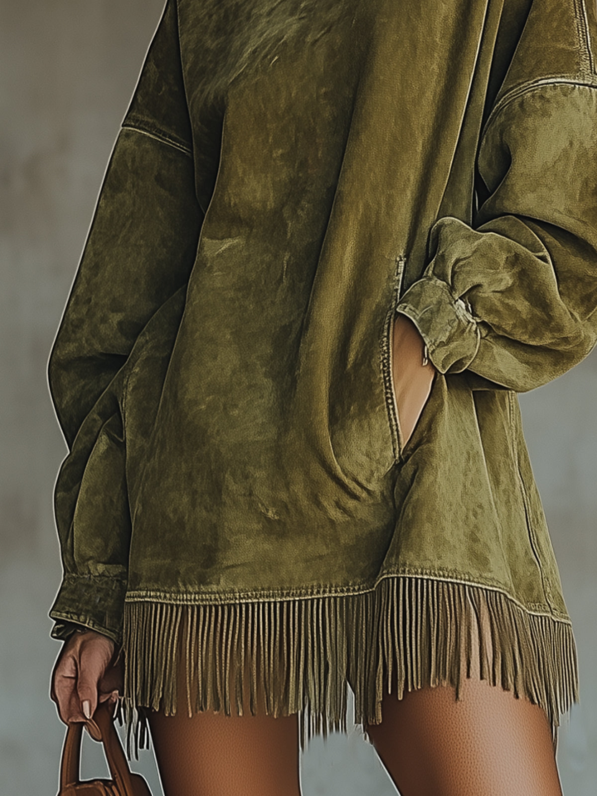 Vestido Cuello Alto Ante Sintético con Flecos Mujer | Olive