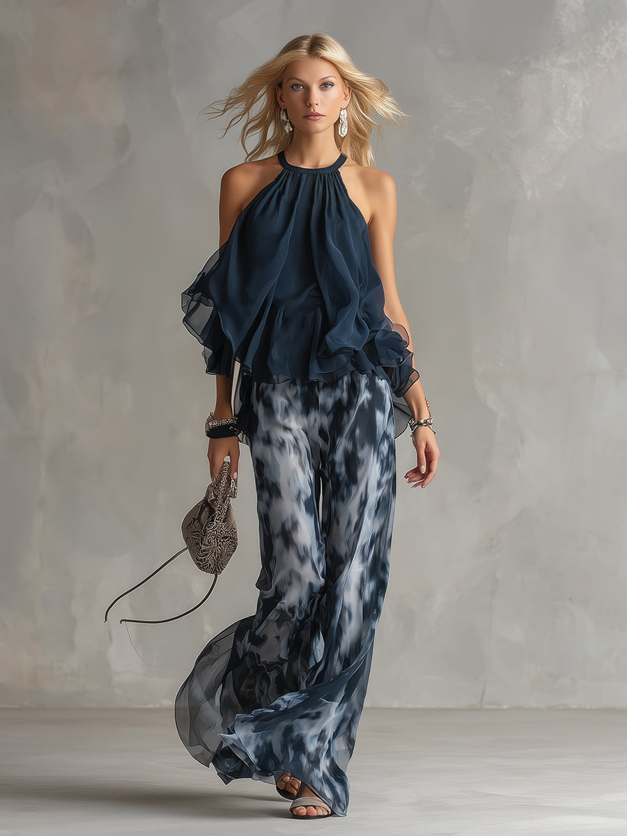 Conjunto de mujer de dos piezas de invitada de boda con top halter de volantes y pantalón ancho