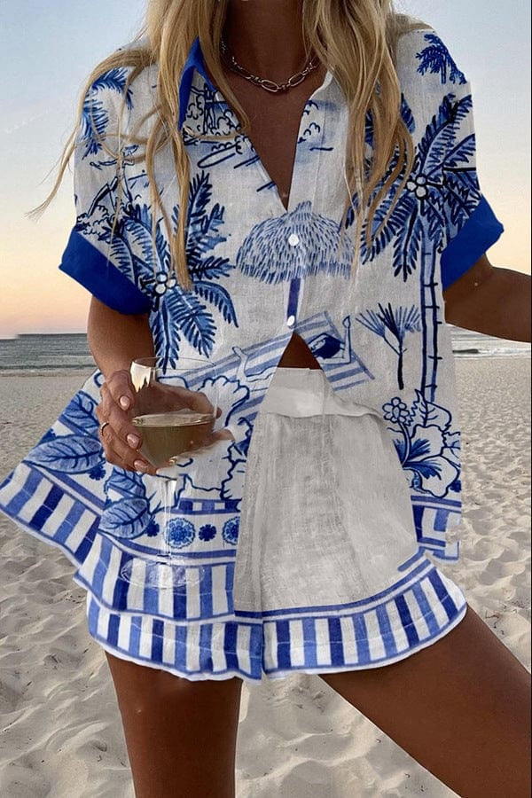 Ensemble chemise et short en lin imprimé été plage | Marbella 2.0