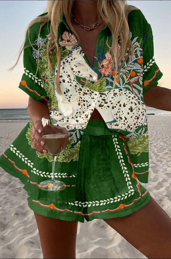 Ensemble chemise et short en lin imprimé été plage | Marbella 2.0