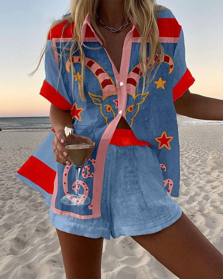 Ensemble chemise et short en lin imprimé été plage | Marbella 2.0