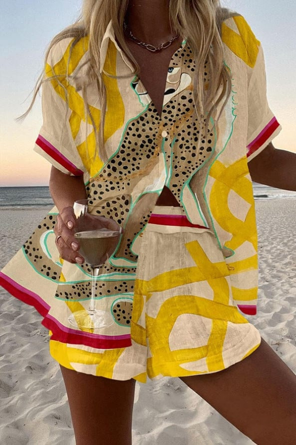 Ensemble chemise et short en lin imprimé été plage | Marbella 2.0