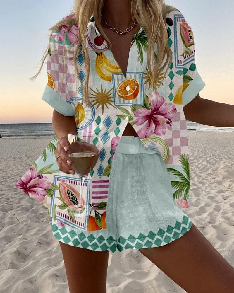 Ensemble chemise et short en lin imprimé été plage | Marbella 2.0