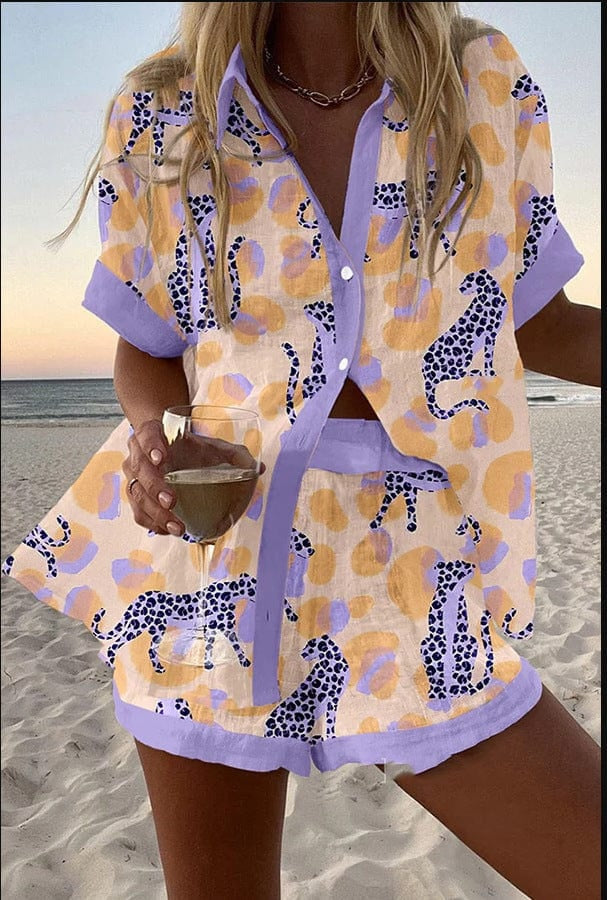 Ensemble chemise et short en lin imprimé été plage | Marbella 2.0