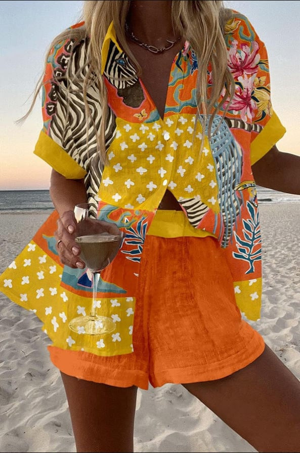 Ensemble chemise et short en lin imprimé été plage | Marbella 2.0