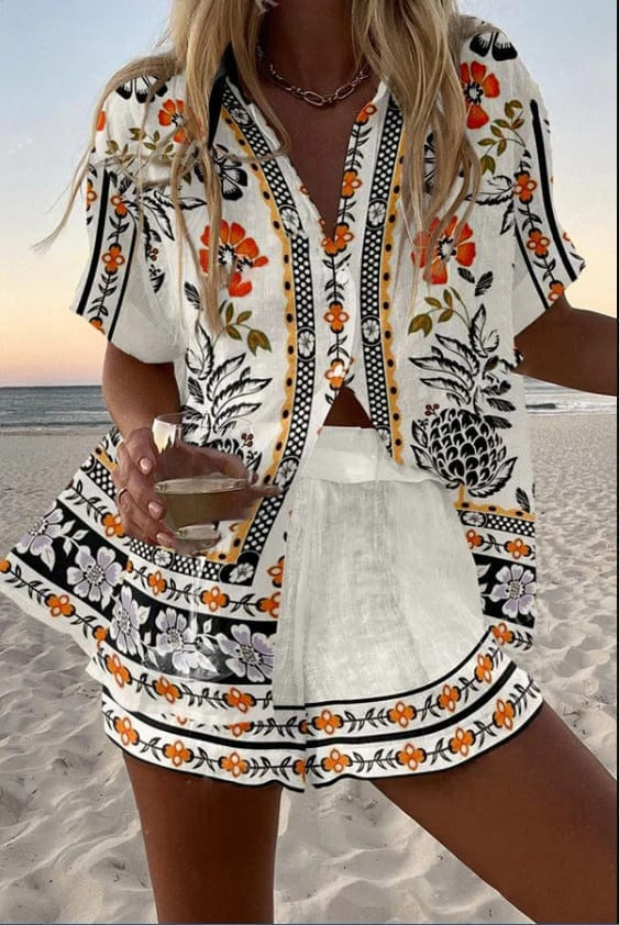 Ensemble chemise et short en lin imprimé été plage | Marbella 2.0