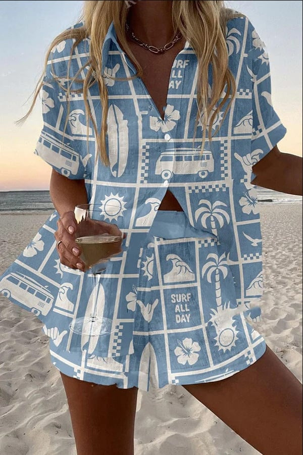 Ensemble chemise et short en lin imprimé été plage | Marbella 2.0