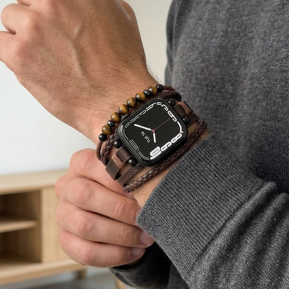 Pulsera para Apple Watch de múltiples hileras, cuentas ojo de tigre, cuero vegano sintético, cierre ajustable, modelo Renz