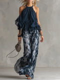Conjunto de mujer de dos piezas de invitada de boda con top halter de volantes y pantalón ancho
