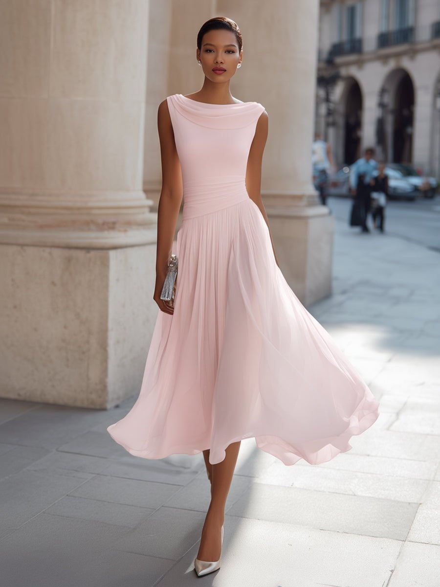 Robe de Mariée de Jour Midi Drapeé Femme Jupe Fluide Sans Manches | Aitana
