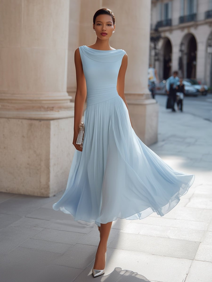 Robe de Mariée de Jour Midi Drapeé Femme Jupe Fluide Sans Manches | Aitana