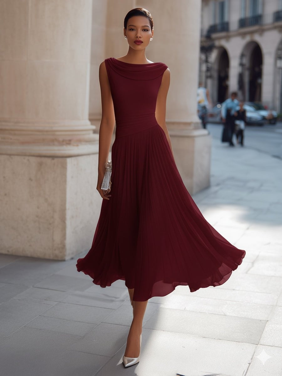 Robe de Mariée de Jour Midi Drapeé Femme Jupe Fluide Sans Manches | Aitana