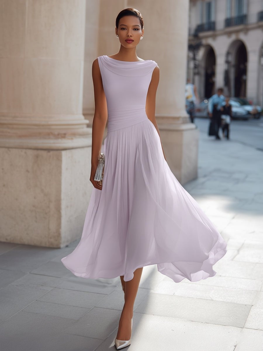 Robe de Mariée de Jour Midi Drapeé Femme Jupe Fluide Sans Manches | Aitana
