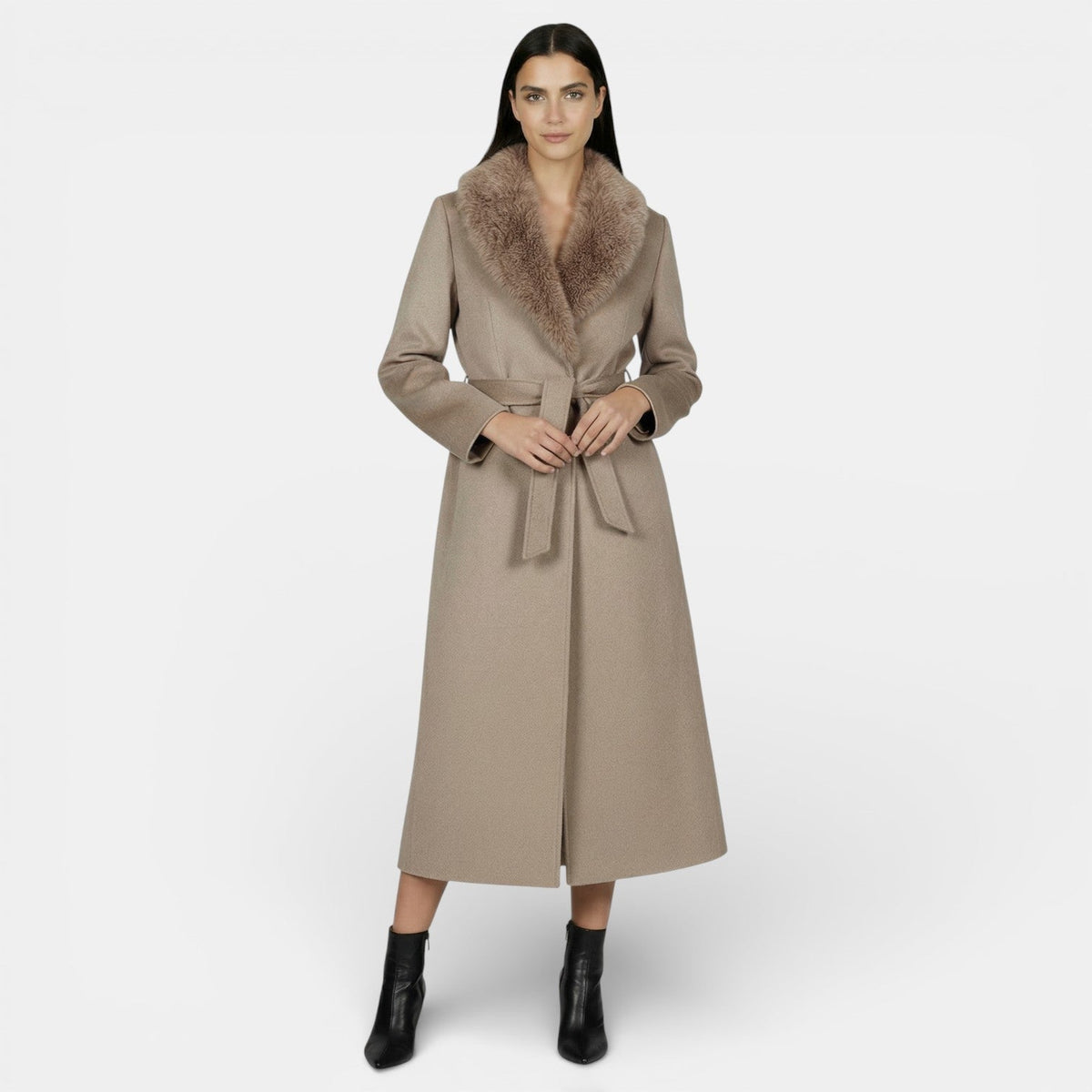 Manteau long en laine avec col en fourrure | Carol
