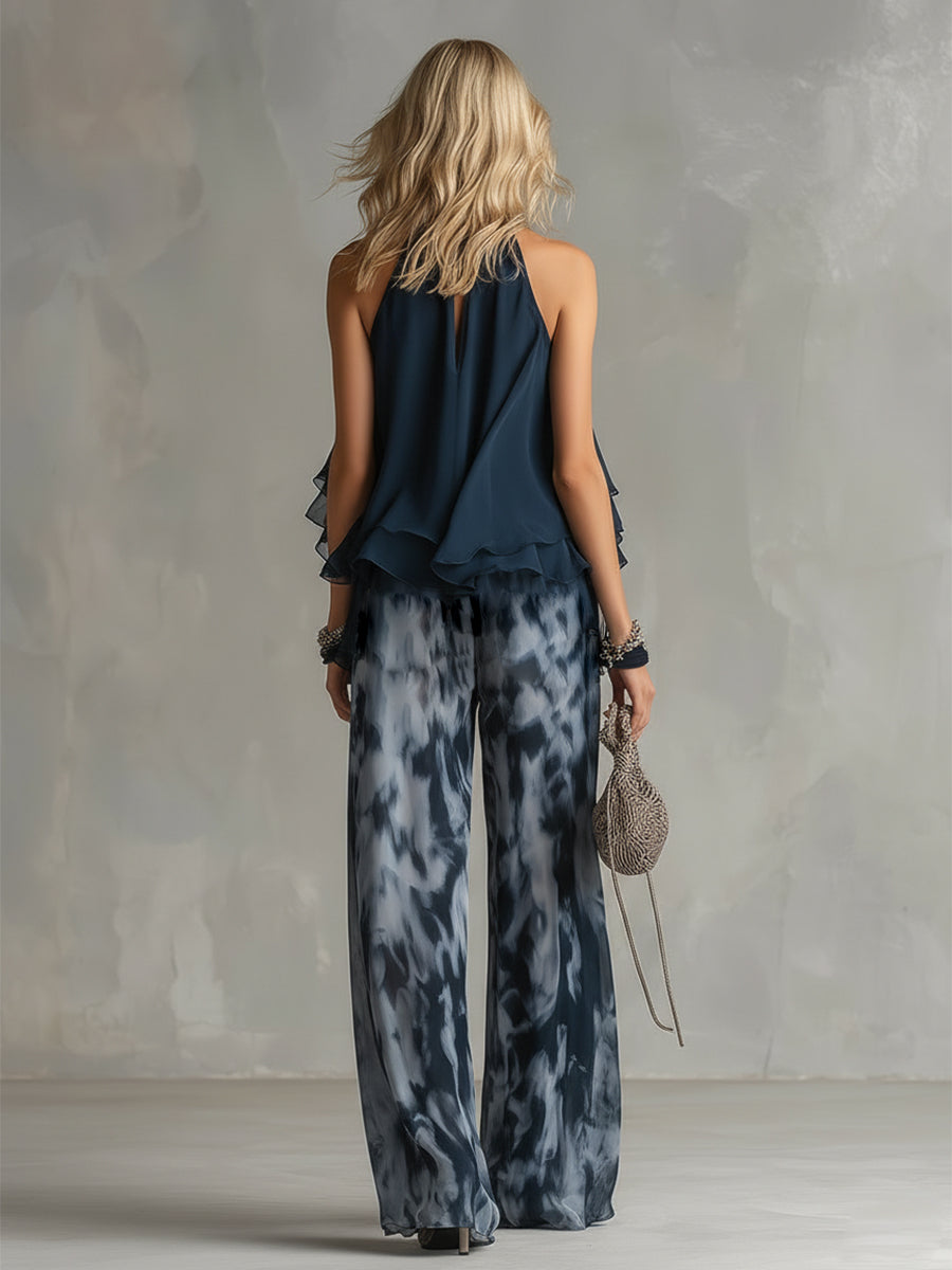 Conjunto de mujer de dos piezas de invitada de boda con top halter de volantes y pantalón ancho