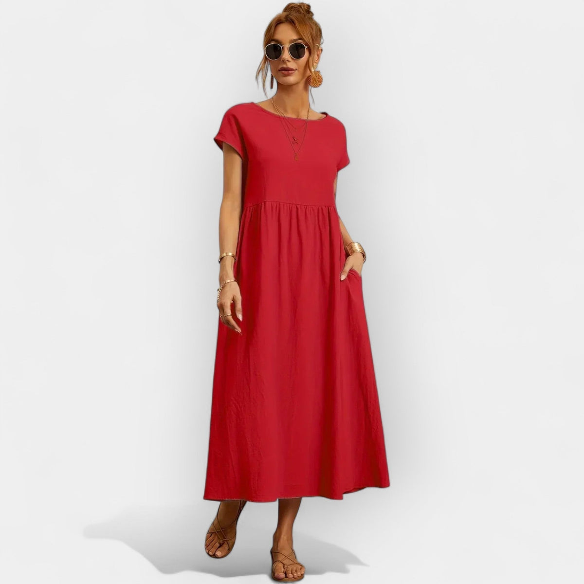 Robe midi décontractée avec poches pour femme, manches courtes | Dolores