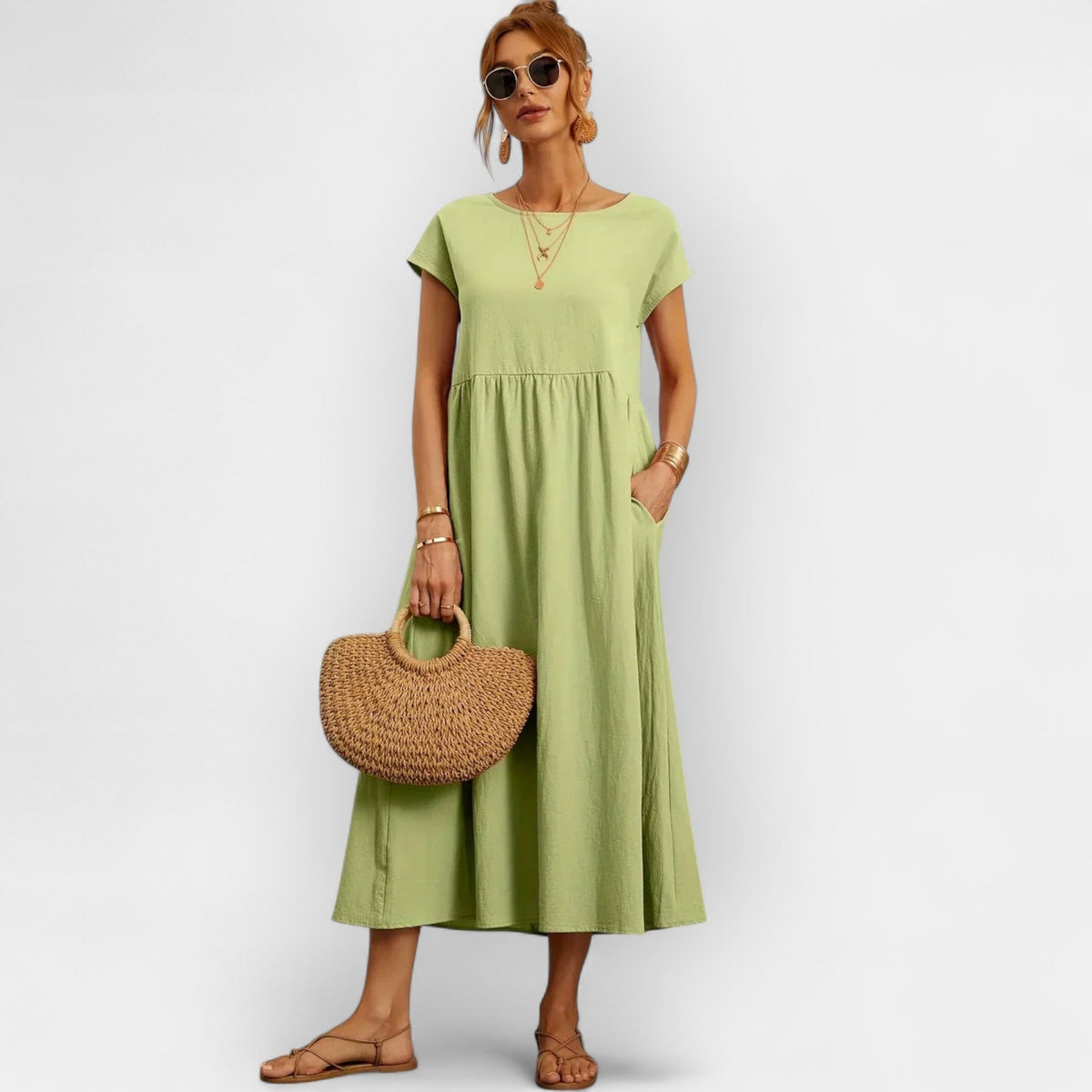 Robe midi décontractée avec poches pour femme, manches courtes | Dolores