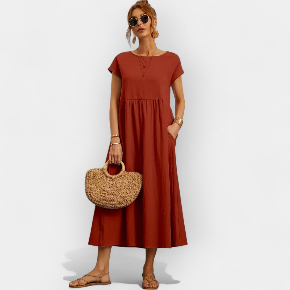 Robe midi décontractée avec poches pour femme, manches courtes | Dolores