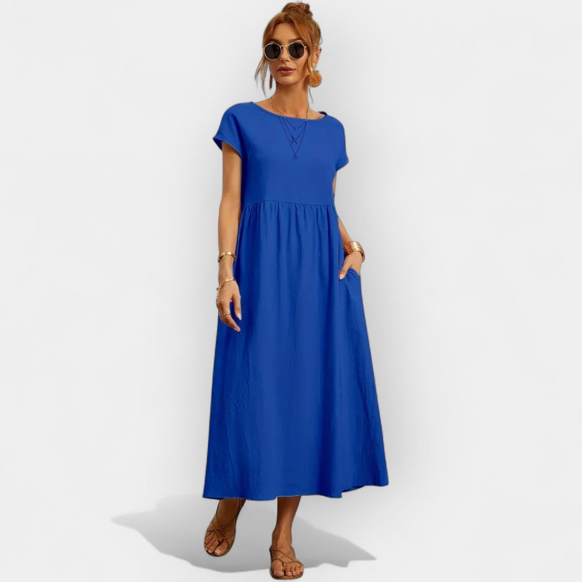 Robe midi décontractée avec poches pour femme, manches courtes | Dolores