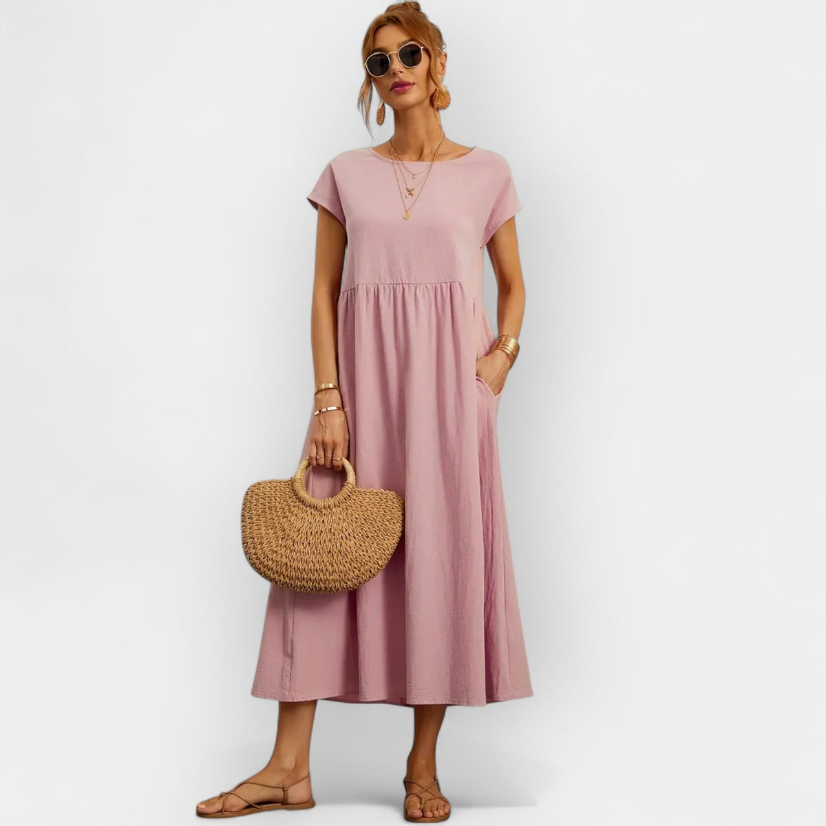 Robe midi décontractée avec poches pour femme, manches courtes | Dolores