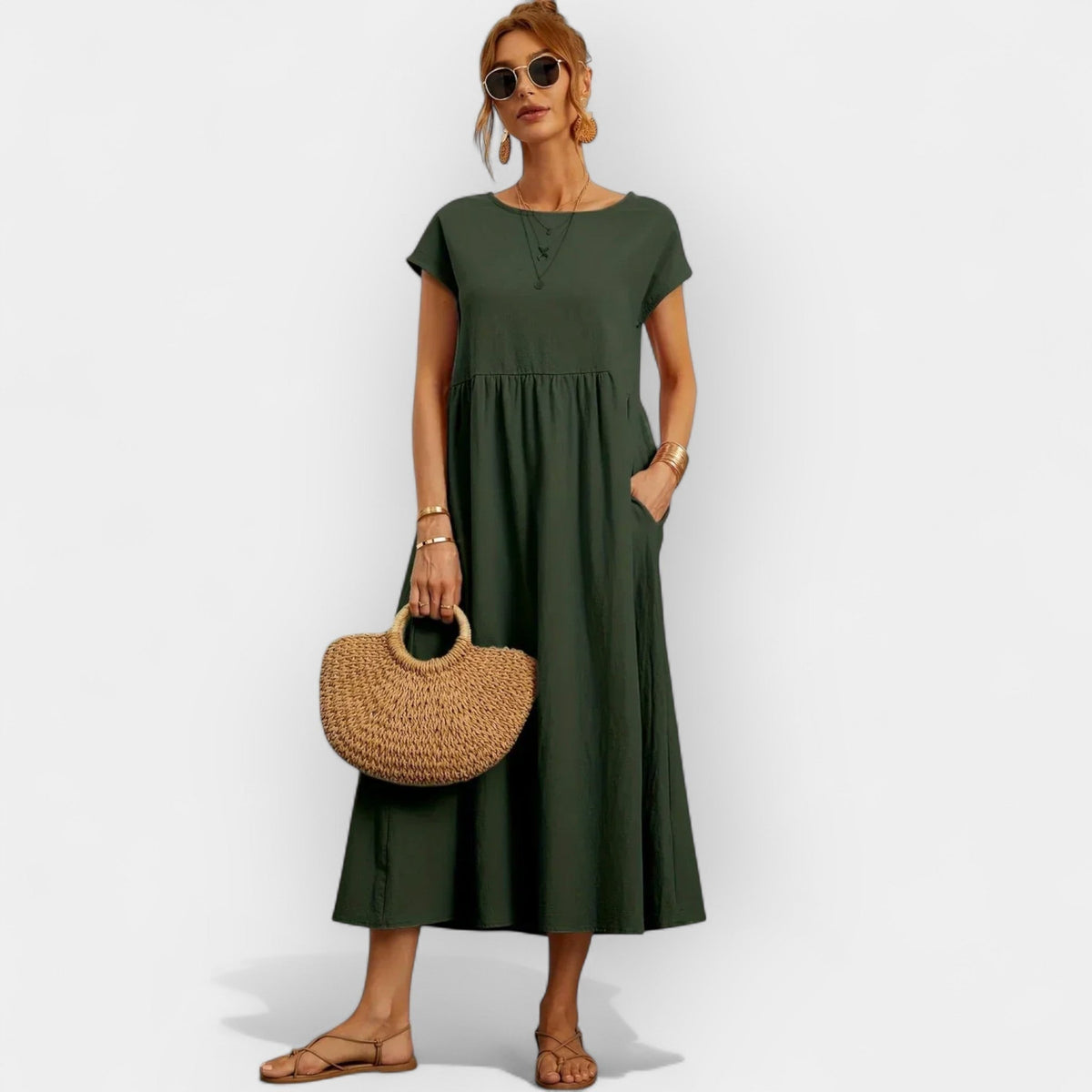Robe midi décontractée avec poches pour femme, manches courtes | Dolores