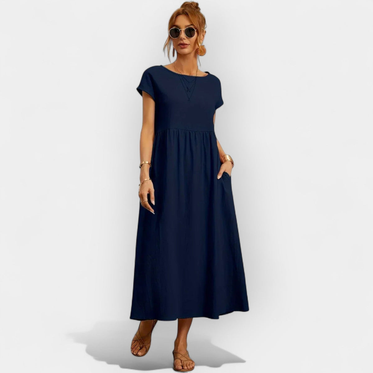 Robe midi décontractée avec poches pour femme, manches courtes | Dolores