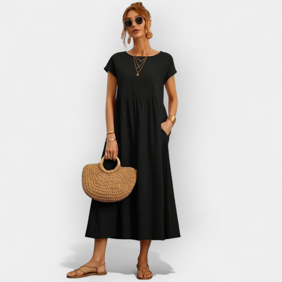 Robe midi décontractée avec poches pour femme, manches courtes | Dolores