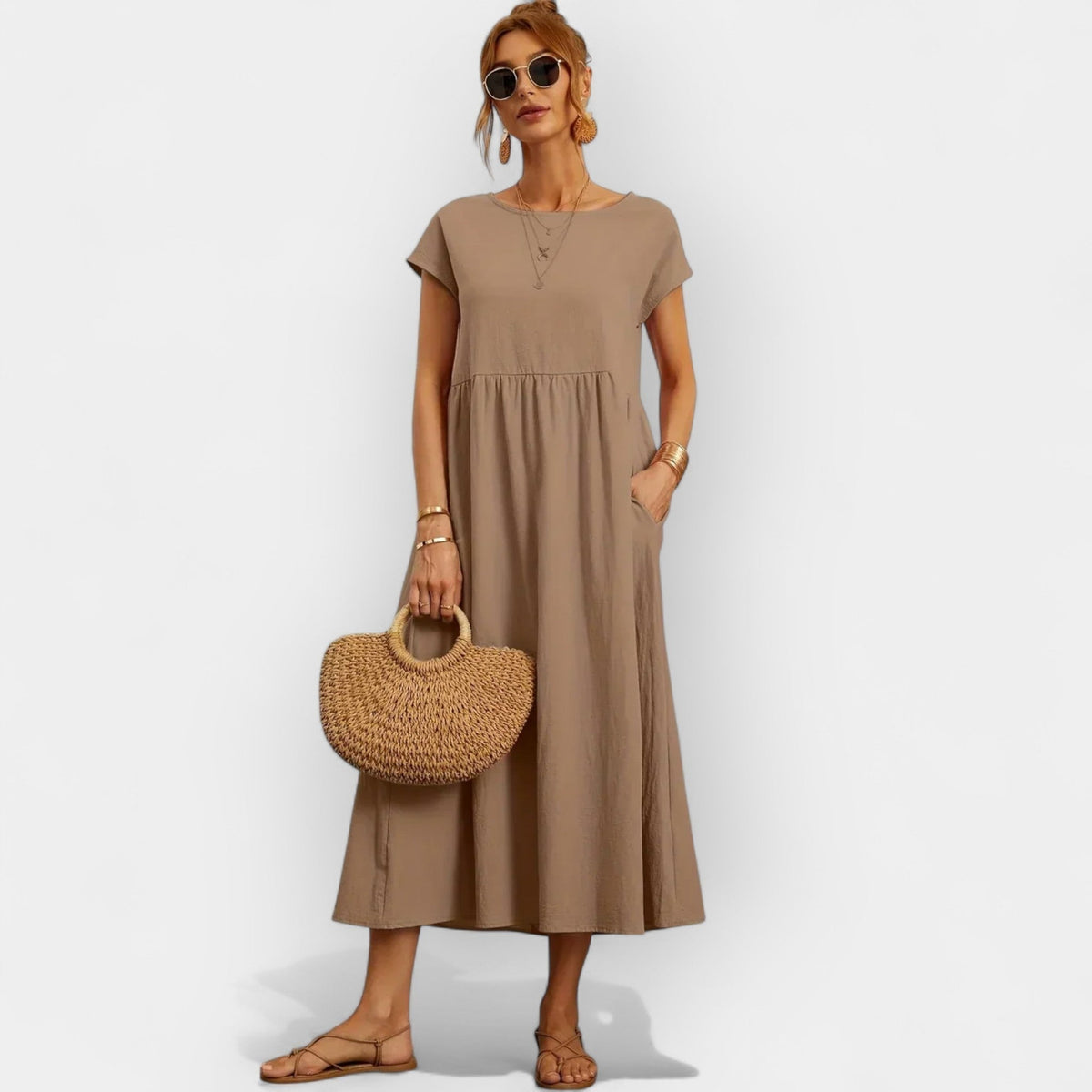 Robe midi décontractée avec poches pour femme, manches courtes | Dolores