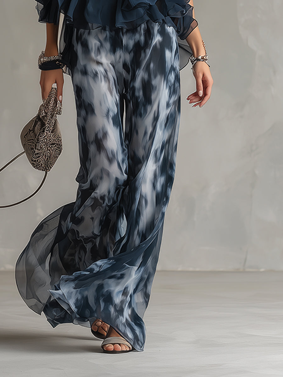 Conjunto de mujer de dos piezas de invitada de boda con top halter de volantes y pantalón ancho