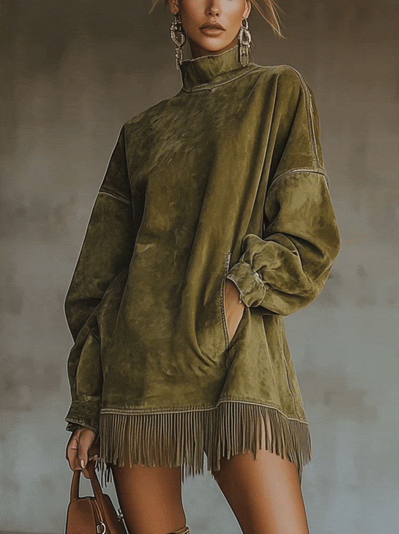Vestido Cuello Alto Ante Sintético con Flecos Mujer | Olive