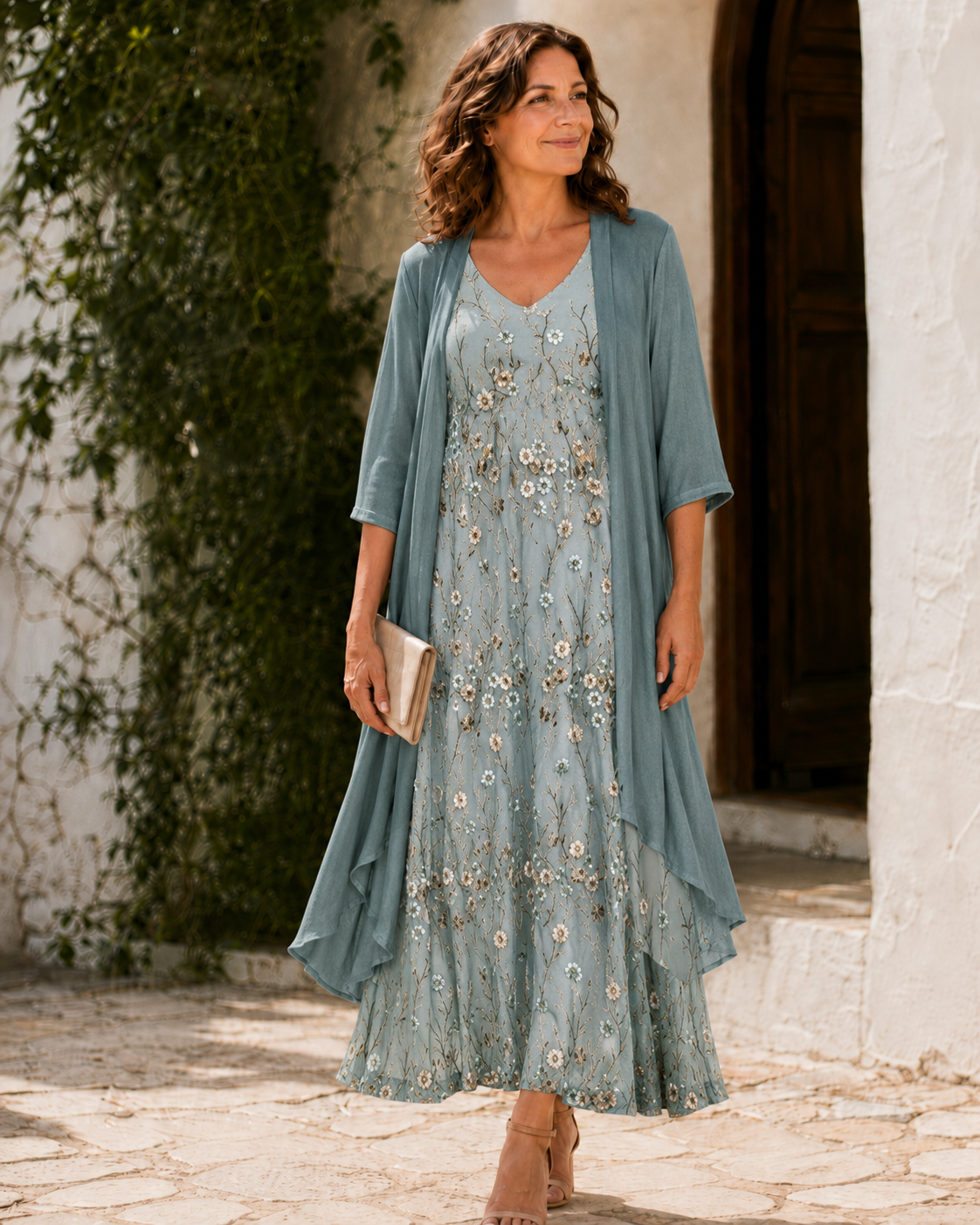 Conjunto Vestido Floral con Duster Largo Mujer Otoño | Marcella