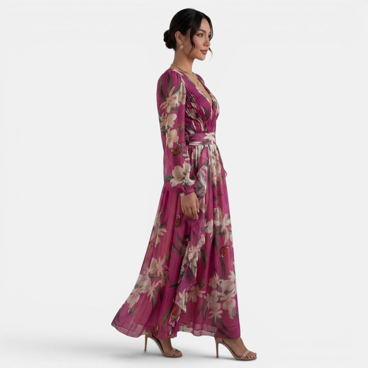 Robe longue fleurie femme décolleté en V