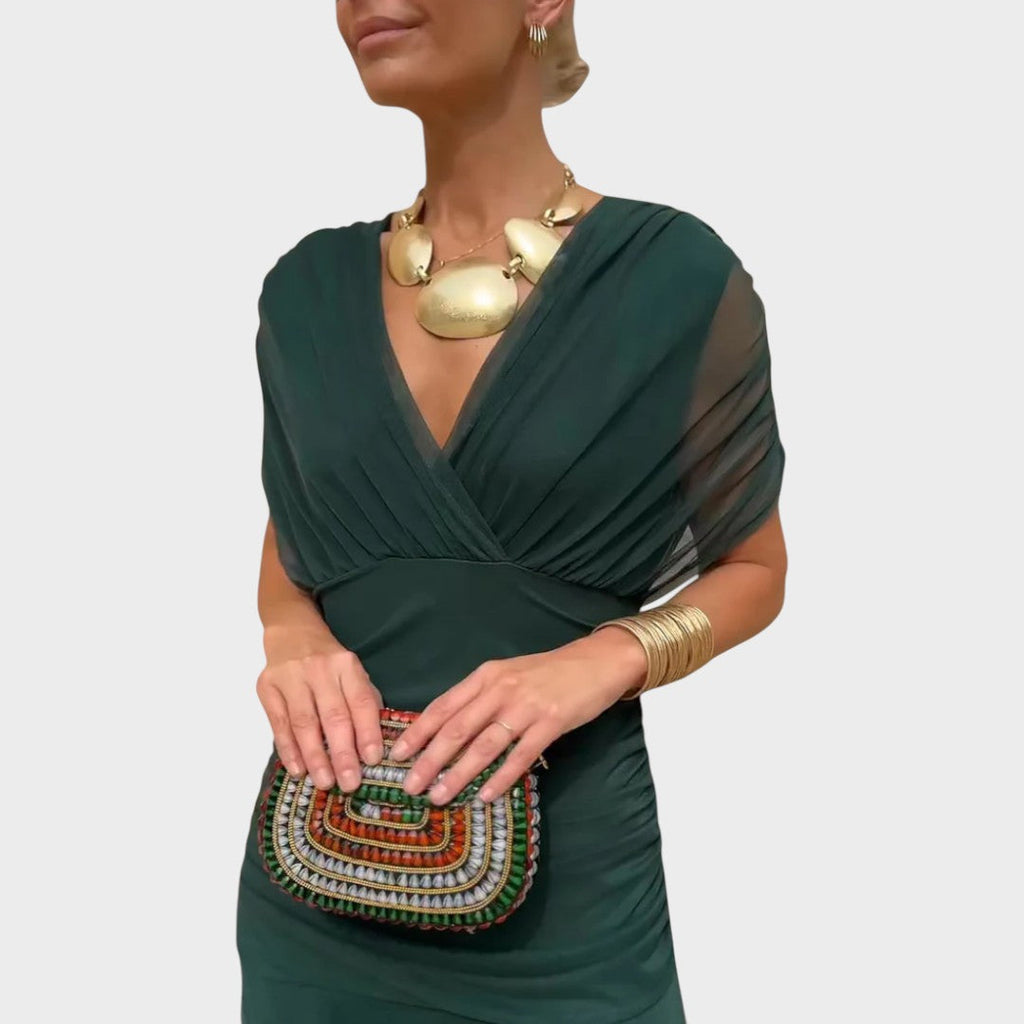 Vestido Midi de Mujer con Escote en V y Manga Larga