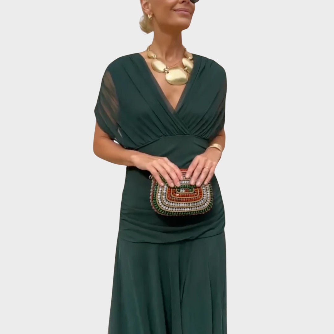 Vestido Midi de Mujer con Escote en V y Manga Larga