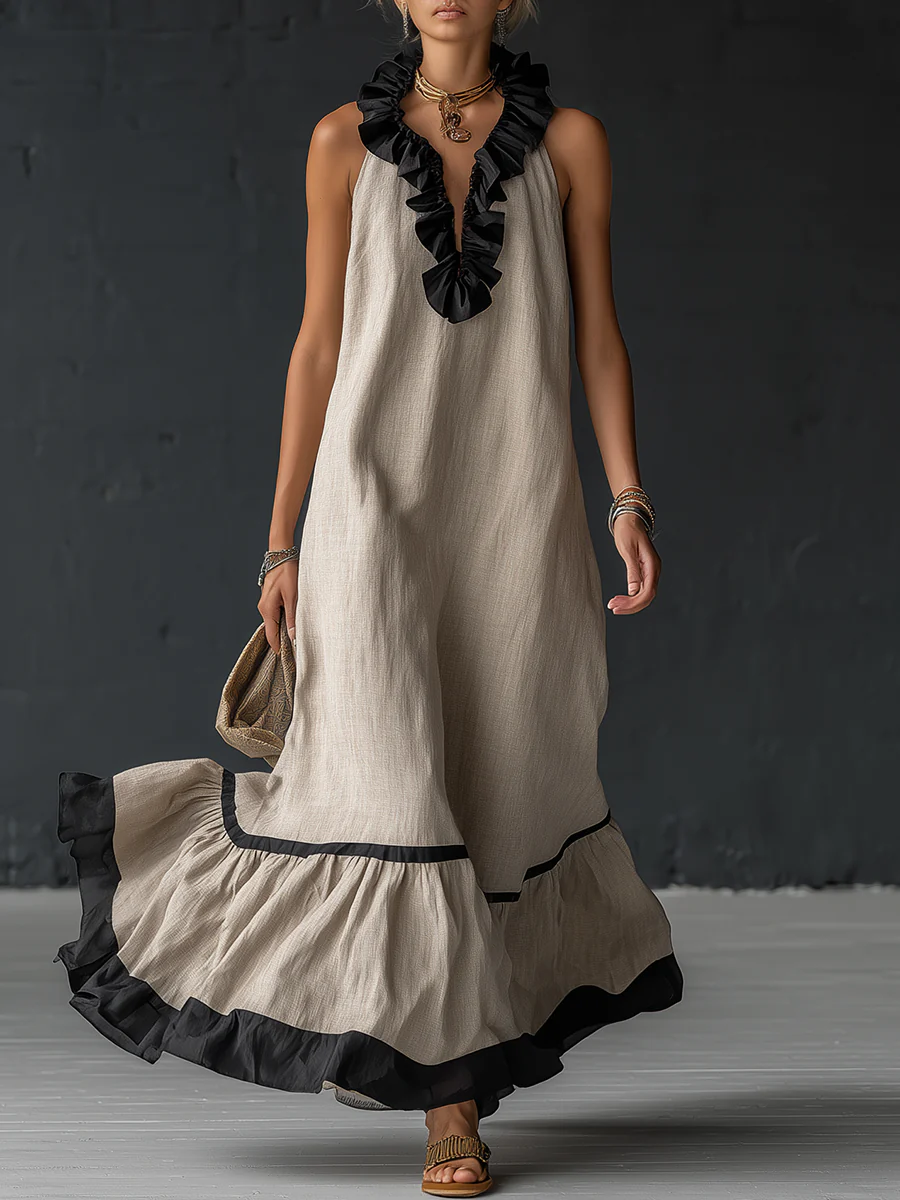 Robe longue à volants et bicolore de style bohème premium automne | Sofia