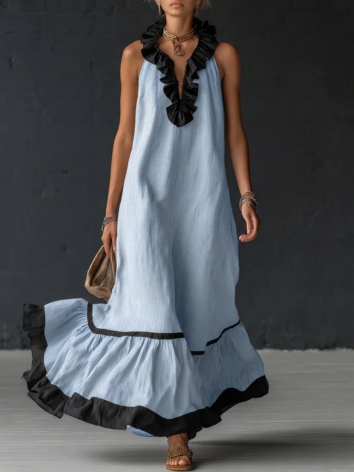 Vestido Maxi con Volantes y Bicolor Boho Premium Otoño | Sofia